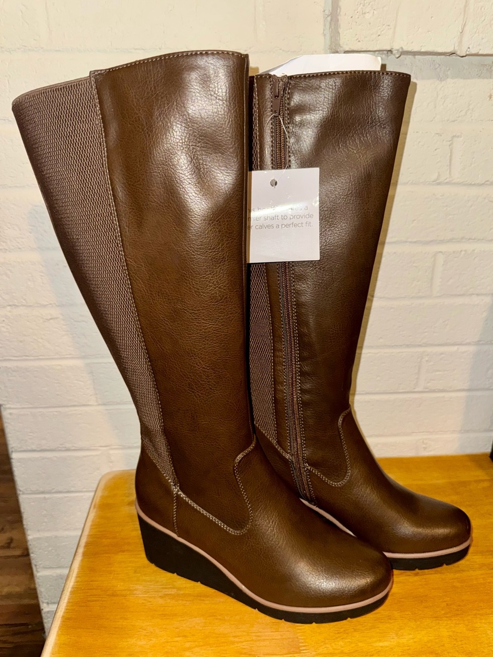 NWT Naturalizer SOUL Brown Knee-High Wedge Boots Wide Calf Size 8.5